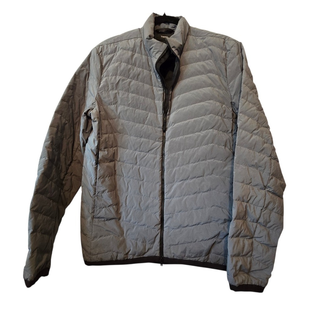 Theory Gray Down Lightweight Micro Puffer Jacket Coat Mens SM Collet Storm Rip